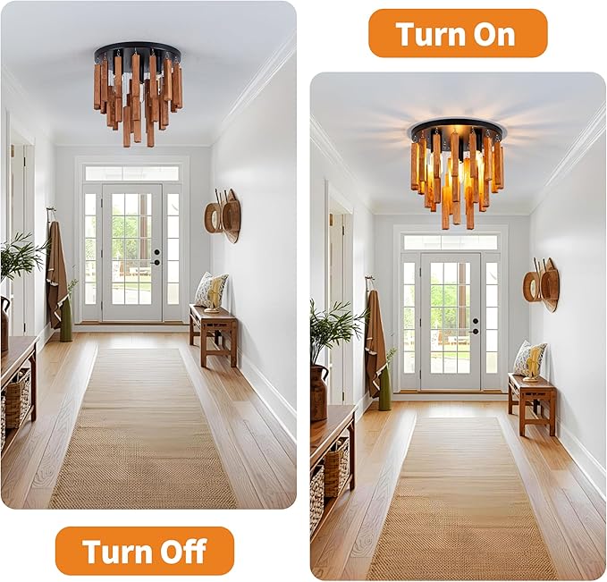 Farmhouse Light Fixture, 3-Light Wood Ceiling Light, Rustic Light Fixture with Wood and Black Metal Finish, Farmhouse Semi Flush Chandelier for Bedroom, Hallway, Entryway, Kitchen