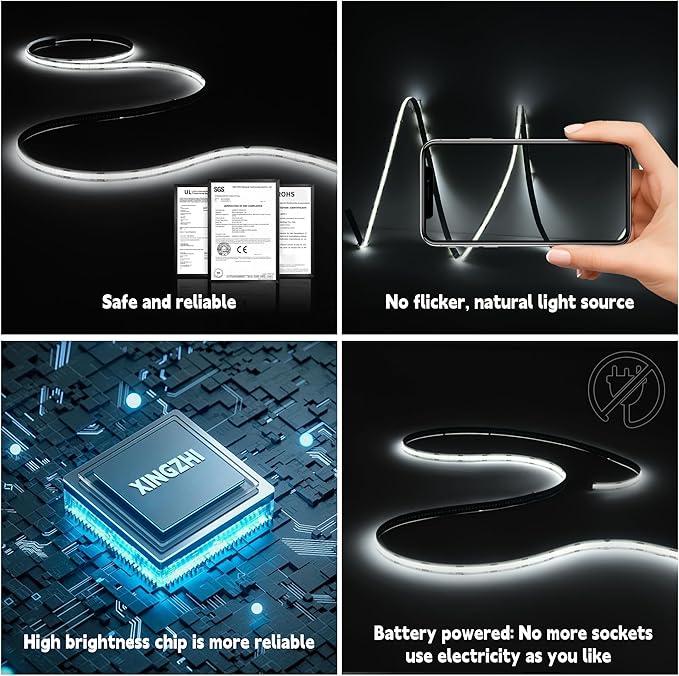 Battery Powered COB LED Strip Lights,3.28ft White LED Light Strip for Dorm Room, Under Bed, Shelves, TV Backlight, Closet, Small Cuttable Tape Lights, Small Battery Operated LED Lights for TV