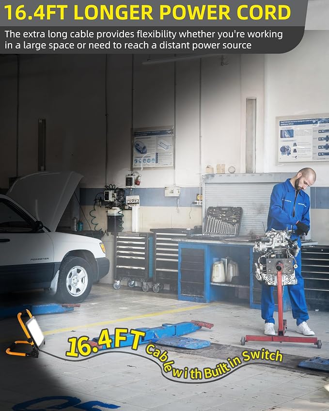 8400LM LED Work Light with 16FT Cord & Switch, IP66 for Garage Workshop | 70W Flood Light Outdoor, Portable Job Site Lighting with Stand, 5000K Daylight Worklight for Construction Car Repairing