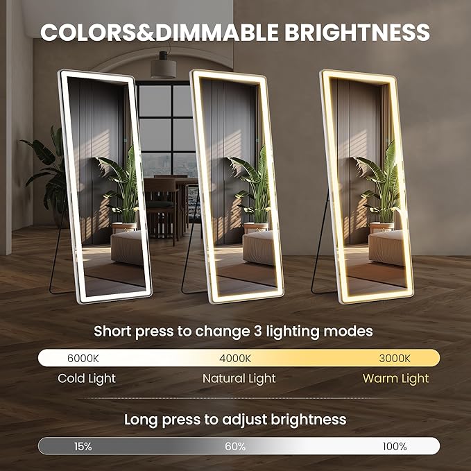 LED Full Length Mirror 71x26 Inch, Lighted Floor Body Mirror with Stand | Tall Arch Aluminum Frame Mirrors with Dimmable 3 Color Lighting, Hanging Mounted Mirrors for Living Room, Bedroom, Cloakroom
