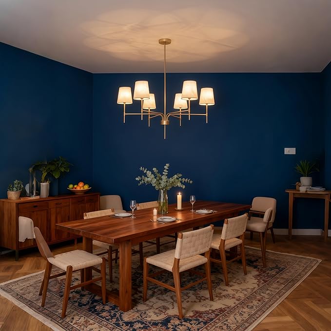 Antique Brass Gold Chandeliers for Dining Room, 6-Light Modern Chandelier Light Fixture over Table, with White Fabric Shade, 34" Large Transitional Kitchen Pendant Lights for Living Room Bedroom Foyer