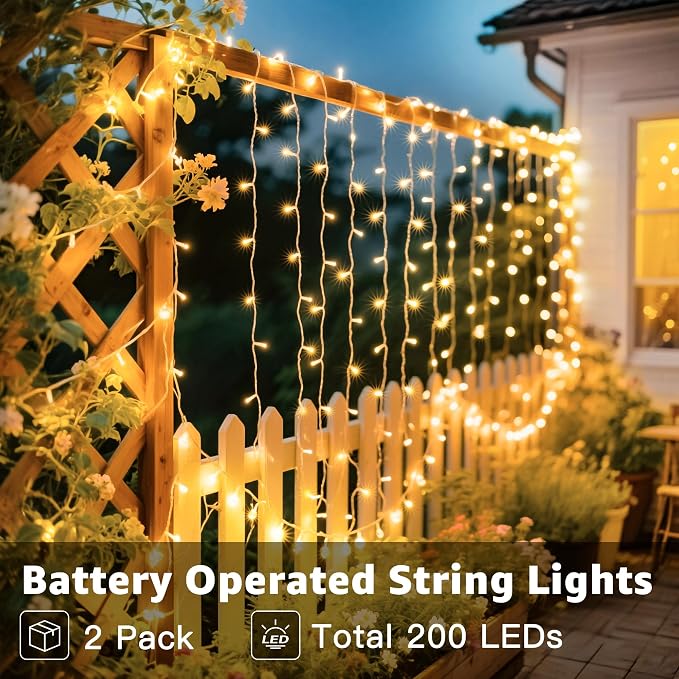 Ollny Fairy Lights Battery Operated 2 Pack, Total 200 LED 66 FT Battery String Lights, Waterproof LED Light with 8 Modes, Bedroom Indoor Outdoor Classroom Party Decorations, Warm White
