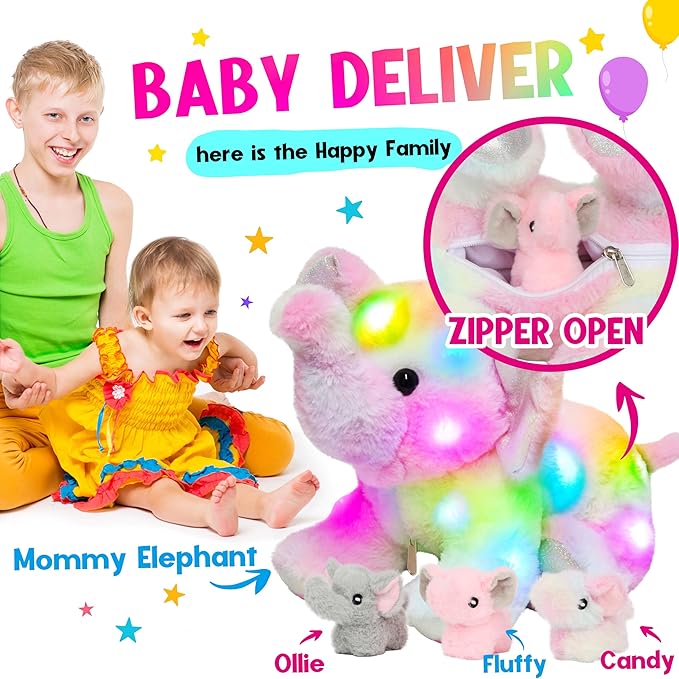 Hopearl LED Plush Colorful Elephant Light up Stuffed Mommy Elephant with 3 Baby Elephish in her Tummy Floppy Stuffed Animal Playset Night Lights Glow in the Dark Birthday Gifts for Toddlers, 18''