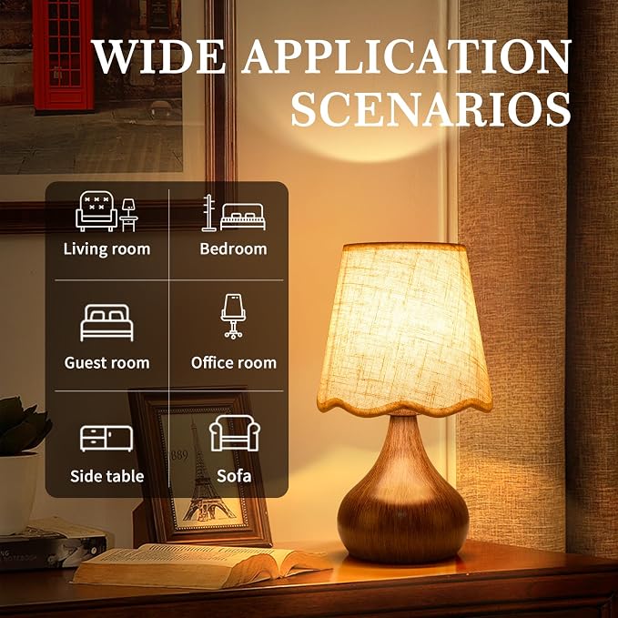 Ziqqeelam Wood Grain Small Table Lamp Touch Control, Farmhouse Bedroom Lamps for Bedside Nightstand, Vintage Small Table Lamps for Small Spaces for Kitchen Counter, Home Office, Kids Dorm, Bookshelf