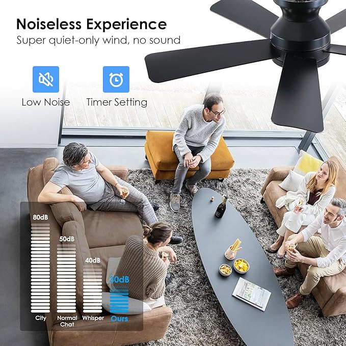 41 inch Ceiling Fans with Lights, Black Flush Mount Ceiling Fan with Remote, 3CCT, LED Dimmable, Reversible, 6 Fan Speeds, Quite Low Profile Ceiling Fan with Lights Modern Bedroom Kitchen Indoor