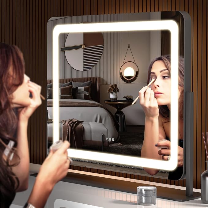 Hasipu Vanity Mirror with Lights, 24.2" x 20" LED Make up Mirror, Light up Mirror with 10X Magnification, Smart Touch 3 Colors Dimmable, Brightness Adjustment, 360° Rotation (Black)