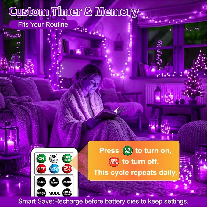 6 Pack Rechargeable Fairy Lights,7ft 20LEDs, Remote & DIY Timer | Dimmable Silver Wire, Mini Twinkle Lights, For Mason Jar, Indoor Christmas Bedroom Wedding Decor, Purple