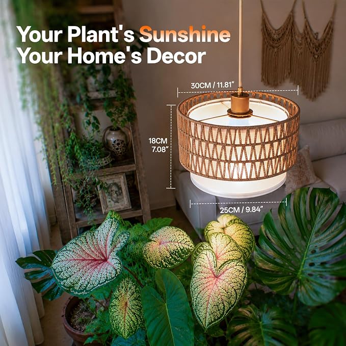 Hanging Grow Light for Indoor Plants, Dimmable Plant Light | 4H/9H/14H Timer,18W Full Spectrum with Boho Linen Shade,5000K, Adjustable Brightness for Indoor Plant,Tall Plant, Flowers