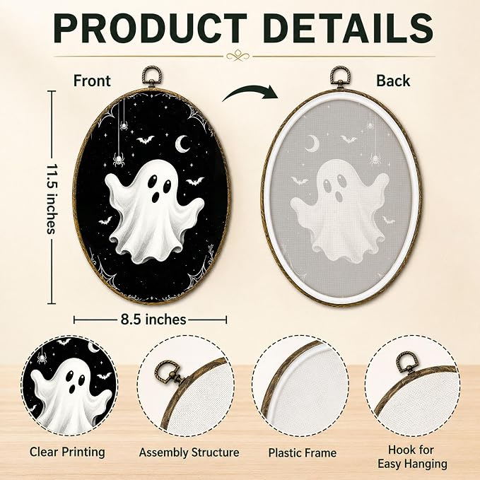 Black White Ghost Oval Wall Art, Framed Canvas Decor, 8.5x11.5 Inch | White ghost on black sky, bats, spiders, stars and crescent moon Halloween decor