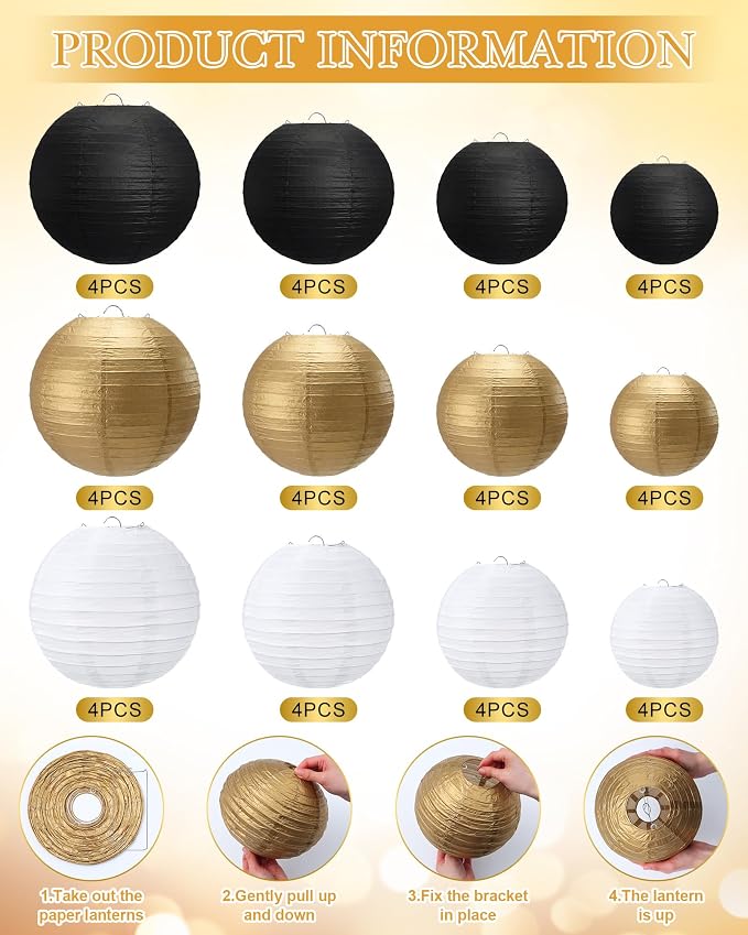 Treela 48 Pcs Paper Lanterns Party Decorations Round,Gold,Black,White