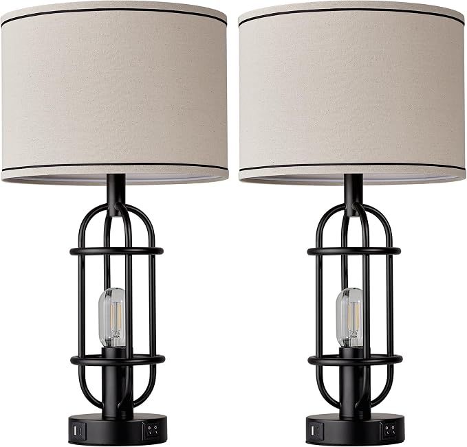 Reaketon Black Table Lamps for Living Room Set of 2, 22.3" Farmhouse Lamps for Nightstand, Industrial Table Lamps for Bedroom with USB Ports, Bulbs Included