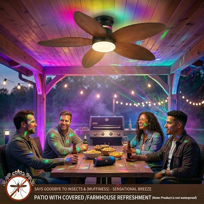 Tropical Palm Leaf RGB Ceiling Fans with Lights 46”, Brown Flush Mount Ceiling Fan with Light and Remote, 3CCT Dimmable LED&&Side RGB Light, Reversible 6 Speeds, Quite Low Profile Ceiling Fan Party
