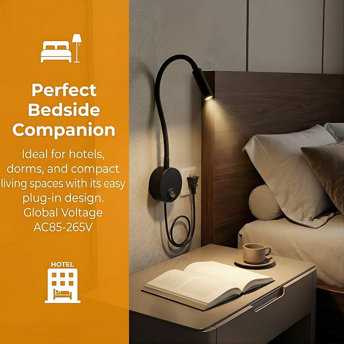 Black Reading Lamps, 25° Focused Beam 3000K Warm White LED Wall Mounted Study Reading Light for Bed Headboard, Flexible Lamp, 4.92ft Plug-in Cord, AC 85-265V