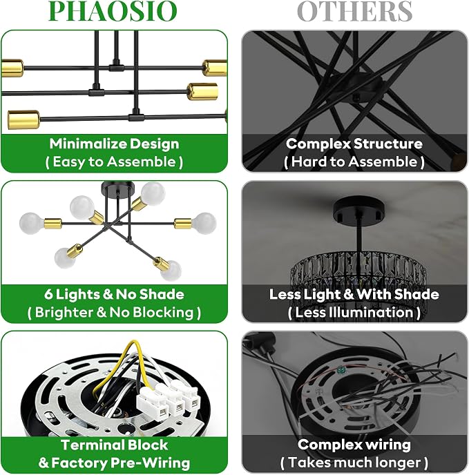 Modern Sputnik Chandelier Ceiling Light Fixtures, 6-Lights 22” Mid Century Industrial Metal Semi Flush Mount for Dining Room, Bedroom, Living Room-Black and Gold