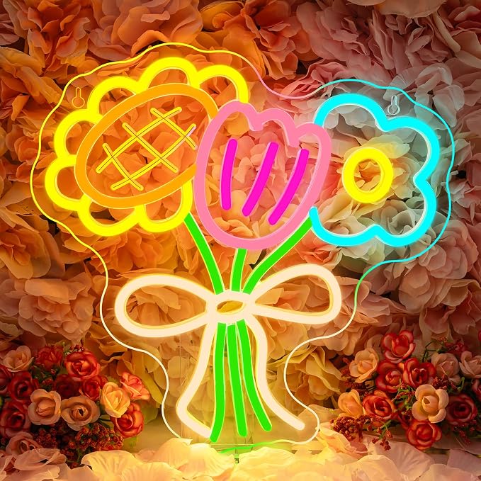 Bouquet LED Neon Sign Colorful Art Flower Light for Home Wall Decoration | 12.59IN*12.59IN,Five level brightness adjustment,USB power,For Bar,Club,Pub,Living room,Bedroom,Restaurant,Beach Bungalow