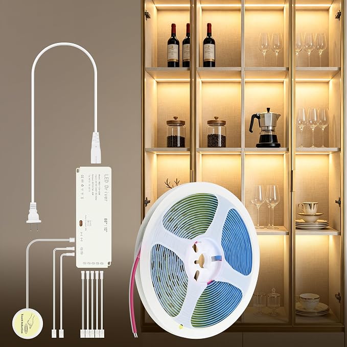 12V COB LED Lights Strip for Shelves Cuttable Warm White 3000K 7-in-1 DIY | 16.4FT Display Cabinet Light Strip,with Hand-Sweep On/Off,Plug in Dimmable Shelf Lights,for Bookshelf Closet 5M Self-Adhesive
