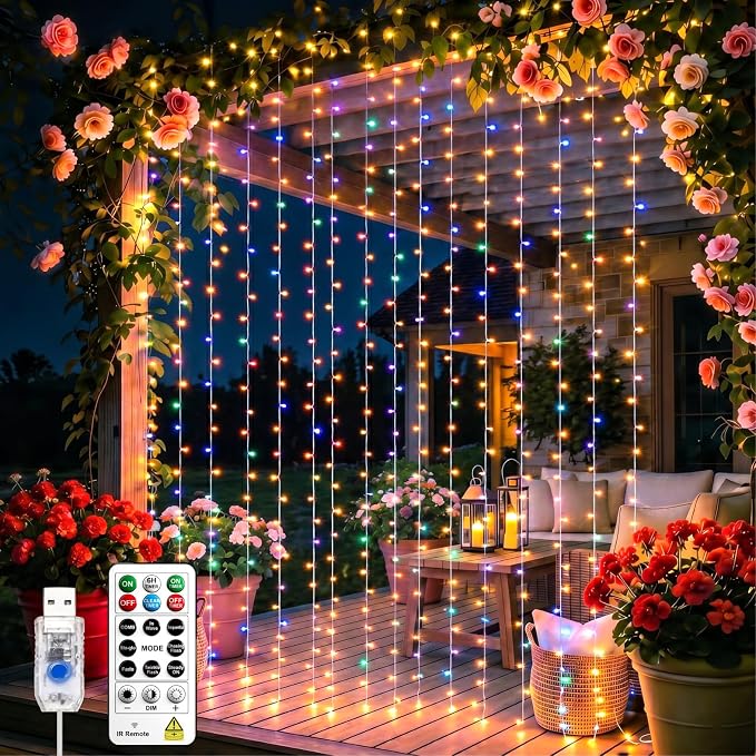 Curtain String Light, 200LED 6.6x6.6ft, Remote & 8 Modes, USB | Window Wall Hanging String Lights, For Bedroom, Wedding, Party, Home, Garden and Indoor Decorations, Multicolor