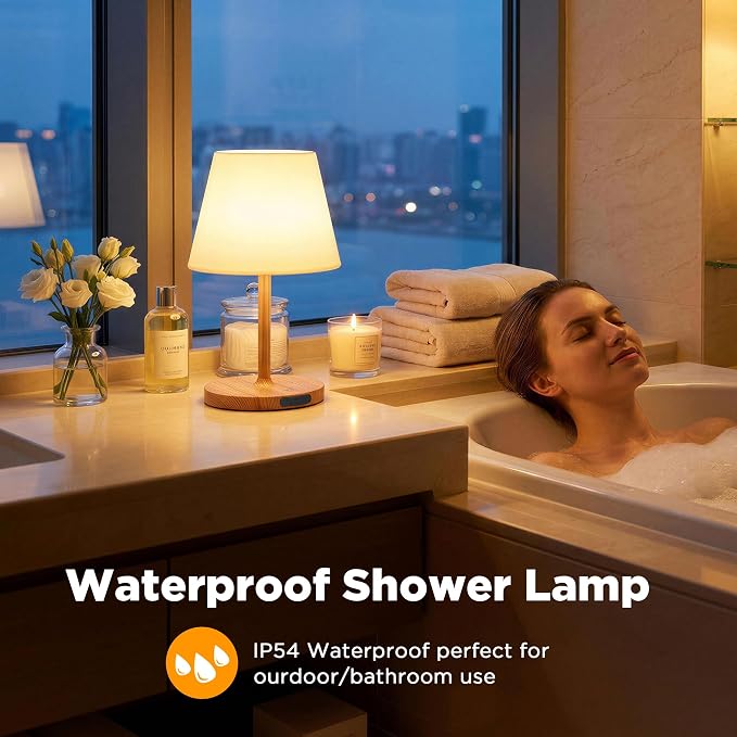 LUTEC 2 Pack Shower Lamp Waterproof, 6000mAh Rechargeable Cordless Table Lamp with 3 Color Temps and Stepless Dimming, Touch Control & Portable LED Nightlight for Bathroom, Desk, Outdoor(Wood Grain)