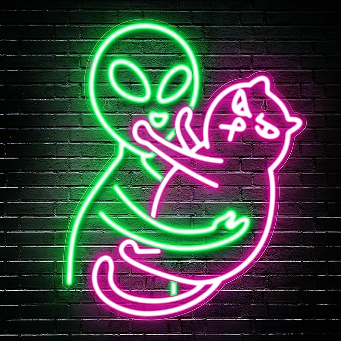 Kavaas Alien Cat Neon Sign, Green Alien Petting Cat LED Light for Game Room, Party, Bar, Man Cave Decor | Alien Neon Light Wall decor - Best Gifts for Alien Fans, Teenage Boys, Kids