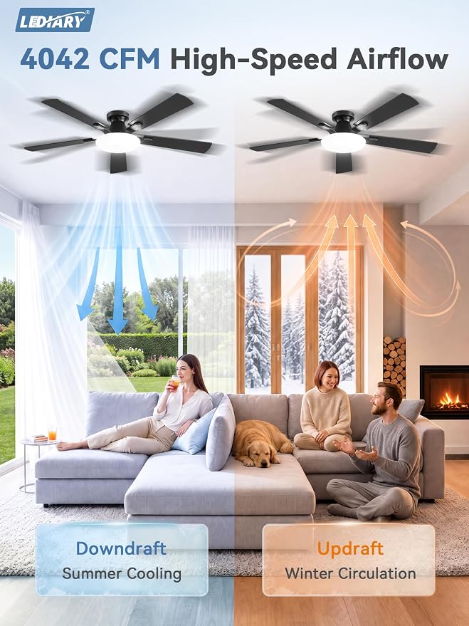 LEDIARY 52 Inch Flush Mount Ceiling Fans with Lights, Remote & APP Control | Bright Light, 3CCT, Memory Function, Timer, Reversible Blade, Quiet DC Motor, Damp-Rated, Living Room, Bedroom, Covered Patio