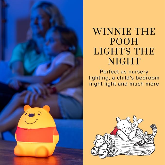 Disney Squish'ems Winnie the Pooh Night Light for Kids, Soft Silicone | Dimmable Kids Bedside Lamp, Light for Nursery, Kids Room, and Bedroom, USB Powered with AAA Battery Option