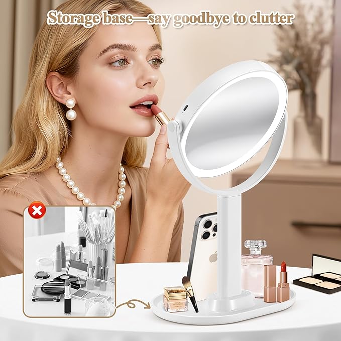 Makeup Mirror with Lights, Double Sided 1x/30x Magnifying Mirror with Light, Rechargeable 3 Color Lights and Adjustable Brightness, 360° Rotation Detachable Comes with Tweezer(Ivory)