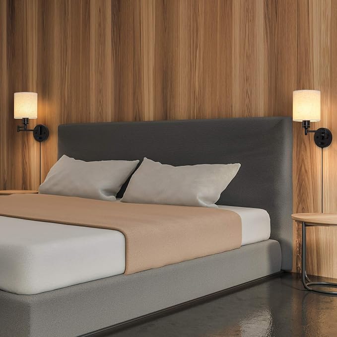 CADUKE Plug in Wall Sconce Set of 2, Swing Arm Wall Lamps | Modern, Bedroom Wall Light Fixtures, Linen Lampshade, For Reading Hallway Living Room
