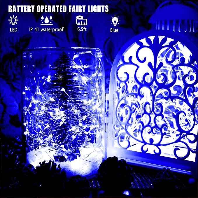 6 Pack 7Ft Starry String Lights No Remote Fairy String Lights, 20 LEDs Blue | Micro Starry LEDs,CR2032 Batteries Included,Waterproof Silver Wire,LED Firefly Lights for Wedding,Party,Christmas Table Décor