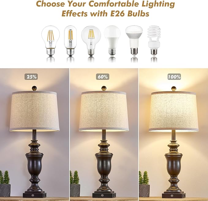 SAIWEYA 27.5" Set of 2 Farmhouse Table Lamps for Bedroom with AC Outlet | USB A+C Ports, 3 Way Dimmable Touch Control , Nightstand Lamps for Bedside, LED Bulb Included