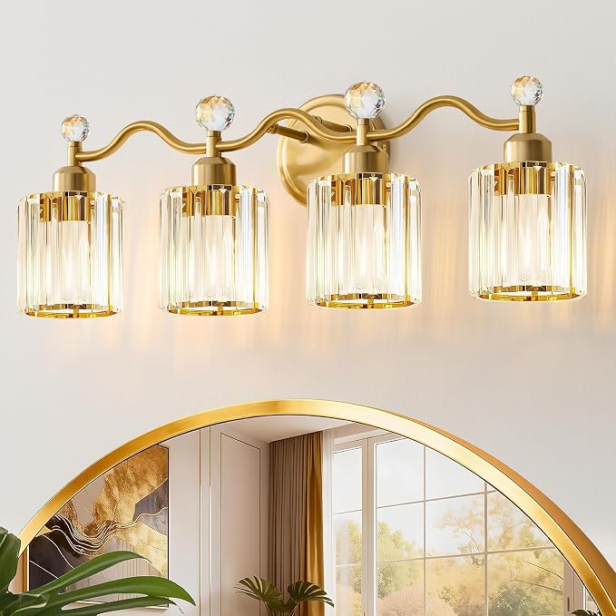4-Light Gold Bathroom Light Fixtures,Modern Bathroom Vanity Lights Fixture with Clear Crystal Glass Shade, Modern Crystal 3 Lights Wall Sconce for Mirror Bedroom Living Room