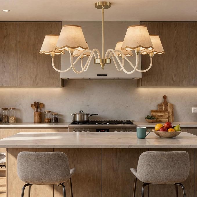 39" Boho Rattan Chandelier, 6-Light Rattan Pendant Light, Handwoven Natural Rattan, Rustic Industrial Adjustable Rattan Fixture for Dining Room, Kitchen Island & Living Room, E12 Socket