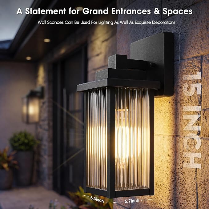 2-Pack 15-Inch Matte Black Outdoor Wall Light, All-Metal Frame | Textured Glass Softens Glare, Stays Bright. Waterproof Rust-Resistant Metal. Pre-Assembled DIY Install on Porch, Garage