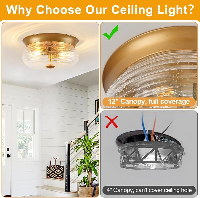 Gold Flush Mount Ceiling Light Fixtures, 2-Light Ceiling Mount for Modern with Clear Air Bubble Glass Shade, Industrial Flush Mount Light Fixture Farmhouse for Hallway Kitchen Bedroom Entryway Foyer