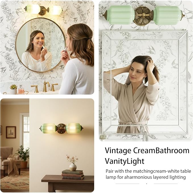 Vintage Milk Glass Bathroom Vanity Light - 2-Light Wall Sconce with Brass Finish Base & Green Glass Shade - Wall Sconce Lighting for Mirror, Kitchen, Living Room, Gallery (Bulbs Included) (Green)