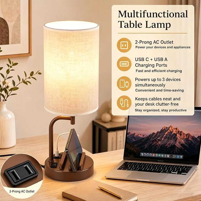 Dreamholder Touch Control USB Table Lamp with USB C/A & AC Outlet, 3-Way Dimmable Bedside Lamp, Modern Nightstand Lamps for Bedroom Living Room Guest Room Office, Bulb Included, Brown