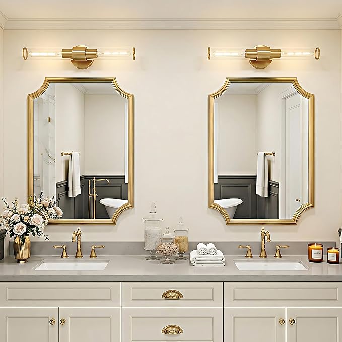 Gold Wall Sconce 2 Pack Hardwired, Bathroom Light Fixtures Clear Glass Featuring Two E26 sockets, Vanity Lights Fixtures for Bathroom, Dimmable - Bulb Not Included, UL Certification