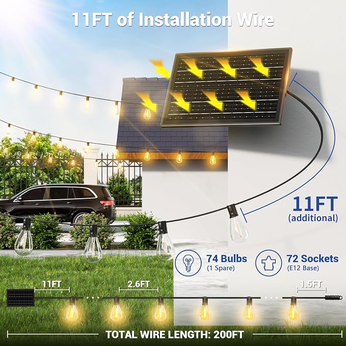 200FT Solar String Lights Outdoor Waterproof, 72+2 LED Solar Powered Lights with Remote Control, 3 Light Modes & Dimmable, USB-C Charging for Patio, Backyard, Garden, Camping