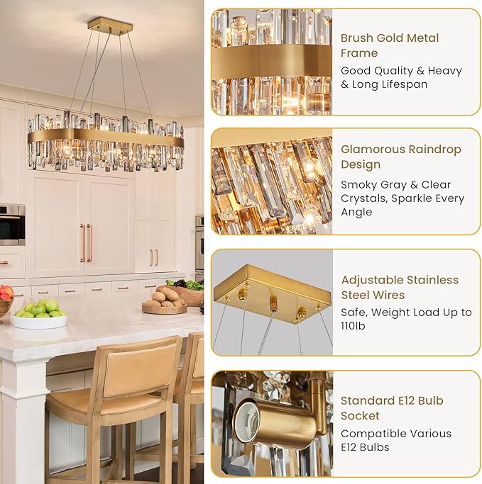 Siljoy 16-Light Modern Crystal Chandelier, Luxury Dimmable Brass Gold K9 Raindrop Crystal Chandelier, Adjustable Crystal Pendant Ceiling Light for Dining Room Living Room Kitchen Island L35.4''