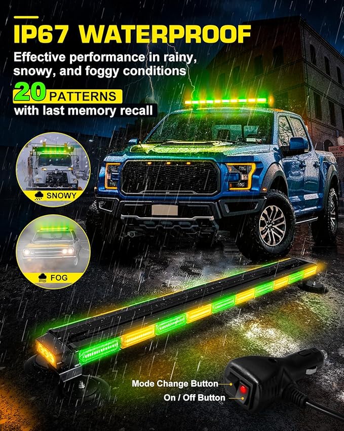 42" Emergency Flashing Strobe Lights Bar with 28 Strong Magnets Double Side Traffic Advisor 206 LED Warning Snow Plow Light for Trucks Vehicles Tow Pickup, Amber/Green