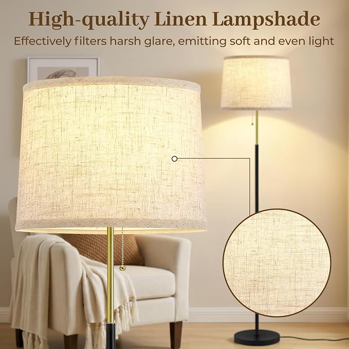 Floor Lamps for Living Room & Bedroom, 60" Modern Tall Standing Lamp, 3CCT | Lamps for Office, Classroom, Bedside, Linen Lampshade, Pull Chain Switch, Modern Design, Anti-glare Lighting, Easy Assembly