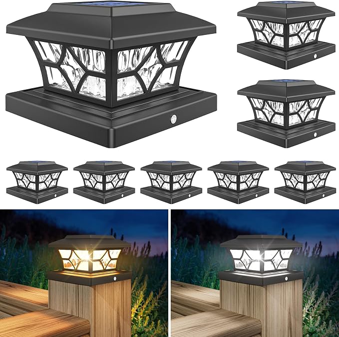 VOLISUN Solar Post Cap Lights Outdoor, Solar Powered Fence Cap Lights for 4x4 Vinyl/Wood, Black Waterproof Solar Deck Post Light 8Pack Cool/Warm for Garden Patio Porch | Solar powered waterproof deck lights fit 4x4 wooden & vinyl posts, ideal for garde...