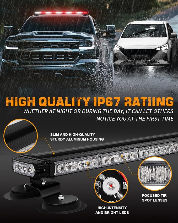 45.5" 128 LED Roof Emergency Lights Red White Strobe Light Bar | Top Flashing Warning Hazard Safety Caution Magnetic Mount Double Side Traffic Advisor Lights for Vehicles Trucks
