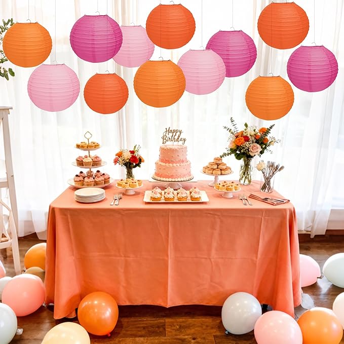 12 Pcs Pink and Orange Paper Lanterns, 10" Hanging Paper Lanterns, Pink and Orange Party Decorations for Home Birthday Wedding Sunset and Valentines Party Decorations