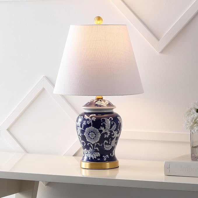 JONATHAN Y Penelope Ginger Jar 22" LED Table Lamp, Navy/White | Chinoiserie, Ceramic Metal Construction, French Country Traditional, Linen Empire Shade, Brass Gold, LED Bulb Included