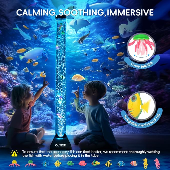 OUTREE 4FT Sensory Tube Lamp, Aquarium Bubble Fish Lamp with Remote Control, 20 Color Changing Effects, 12 Fish Accessories, Bubble Sensory Room, Night Light, Sensory Light for ADHD and Autism (Black)