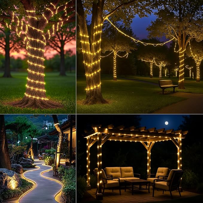 Connectable Rope lights Plug in,66FT 200 LEDs Rope Lights,including 2Packs 33FT 100LEDs Tube Lights,Waterproof 8 Modes Remote String Light for Outdoor Indoor Patio Backyards Garden,Warm White
