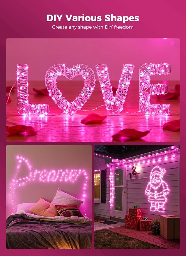 Pink Fairy Lights Plug in, 33Ft 100 LEDs Waterproof Silver Wire Firefly Valentine's Lights, Adaptor Included, Starry String Lights for Wedding Indoor Outdoor Patio Garden Valentine's Day Decoration