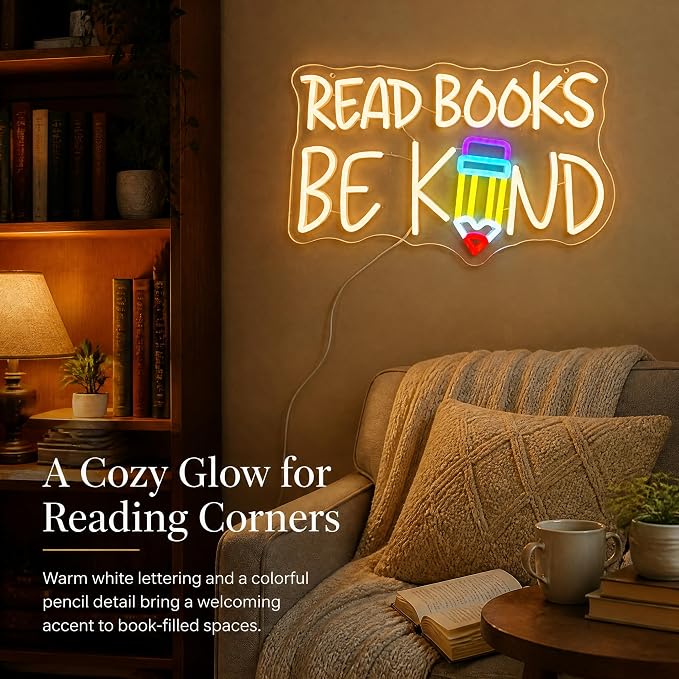"Read Books Be Kind" Classroom LED Neon Sign | 16.5" x 10.4", Pencil Wall Decor, Inspirational Quote Light, Library Classroom Study Room Home Office