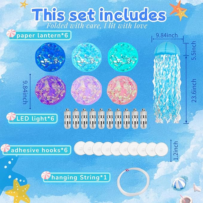Jellyfish Paper Lanterns with LED Lights Set of 6, Multicolor Dome Hanging Floating Decorations for Under The Sea Party Mermaid Birthday Ocean Classroom Beach Room Aesthetic