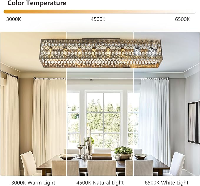 Garwarm 48 Inch Crystal Chandelier, 8-Light Rectangular Ceiling Light | Vintage Antique Copper Gold Flush Mount Dining Room Fixture for Long Tables, Kitchen Islands, Living Rooms and Large Spaces